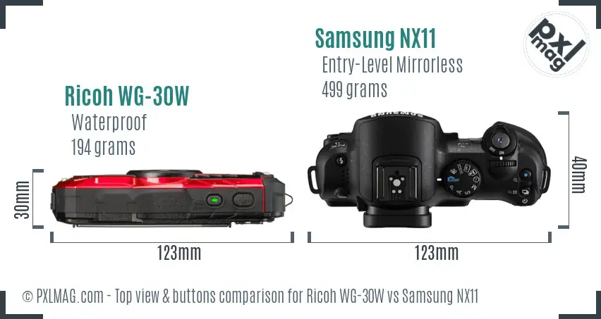 Ricoh WG-30W vs Samsung NX11 top view buttons comparison