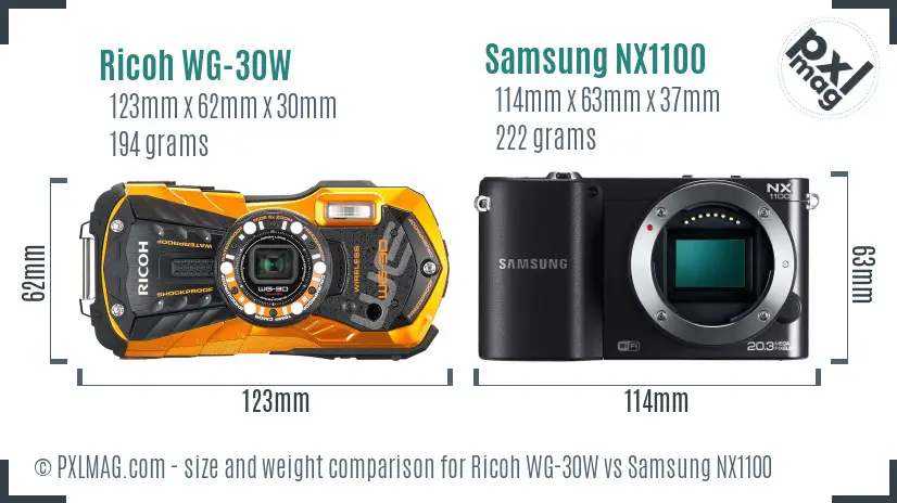 Ricoh WG-30W vs Samsung NX1100 size comparison