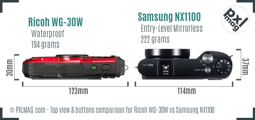 Ricoh WG-30W vs Samsung NX1100 top view buttons comparison