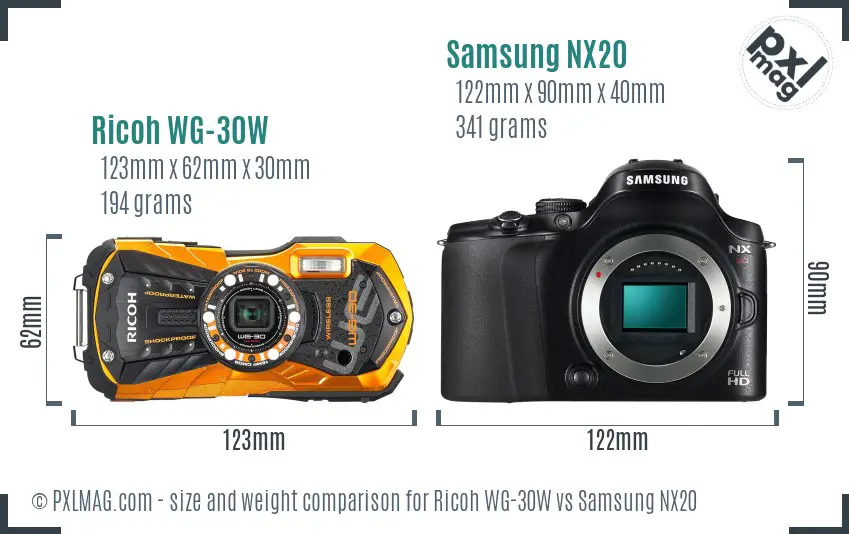 Ricoh WG-30W vs Samsung NX20 size comparison