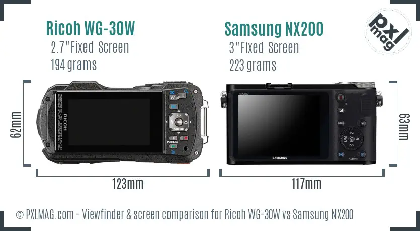 Ricoh WG-30W vs Samsung NX200 Screen and Viewfinder comparison