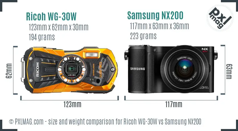 Ricoh WG-30W vs Samsung NX200 size comparison