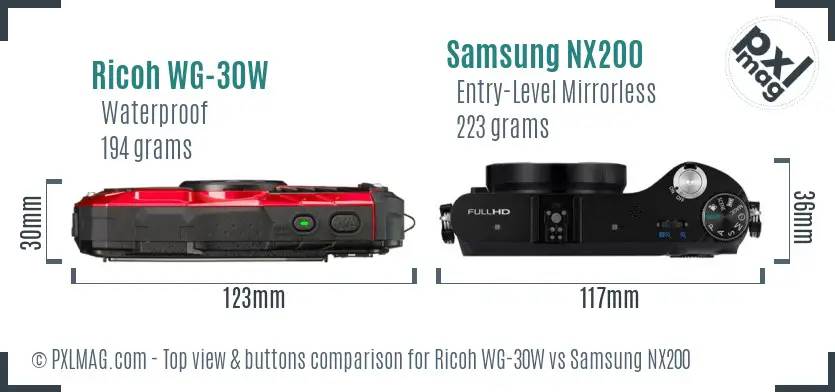 Ricoh WG-30W vs Samsung NX200 top view buttons comparison
