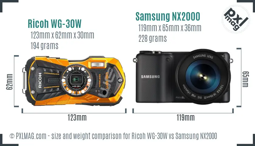 Ricoh WG-30W vs Samsung NX2000 size comparison
