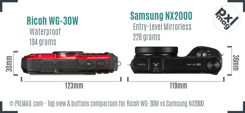 Ricoh WG-30W vs Samsung NX2000 top view buttons comparison