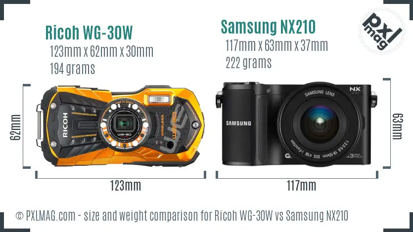 Ricoh WG-30W vs Samsung NX210 size comparison