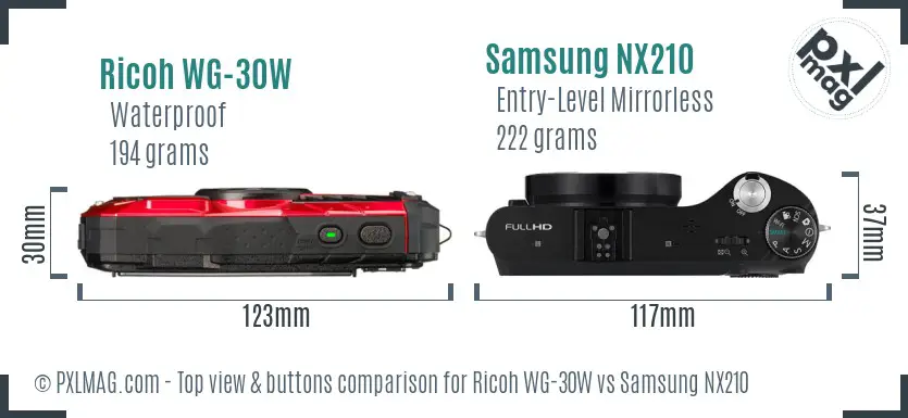 Ricoh WG-30W vs Samsung NX210 top view buttons comparison