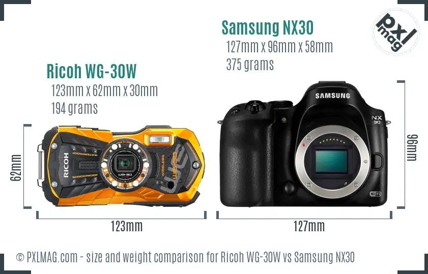 Ricoh WG-30W vs Samsung NX30 size comparison