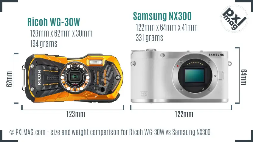 Ricoh WG-30W vs Samsung NX300 size comparison