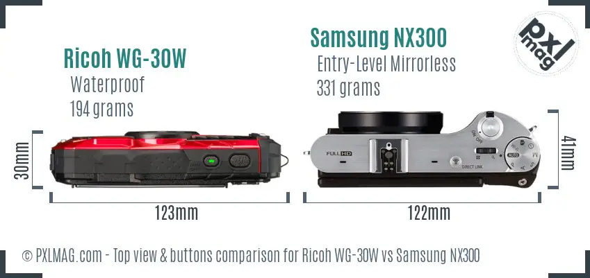 Ricoh WG-30W vs Samsung NX300 top view buttons comparison