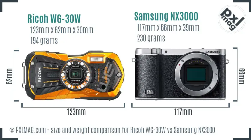 Ricoh WG-30W vs Samsung NX3000 size comparison