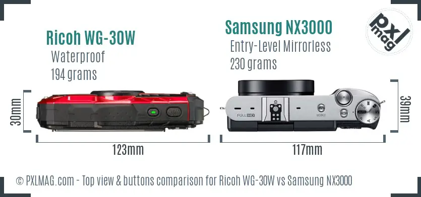 Ricoh WG-30W vs Samsung NX3000 top view buttons comparison