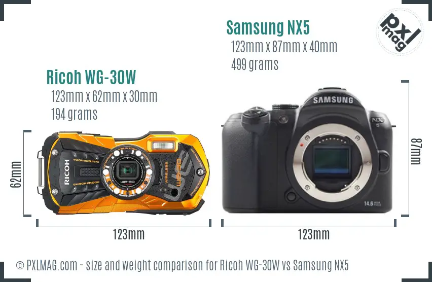 Ricoh WG-30W vs Samsung NX5 size comparison