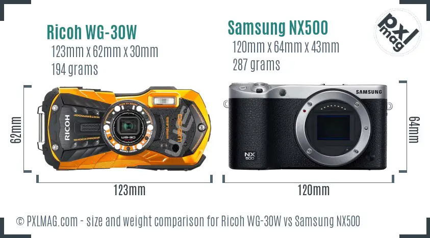Ricoh WG-30W vs Samsung NX500 size comparison