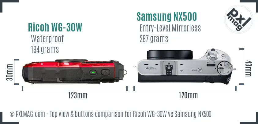 Ricoh WG-30W vs Samsung NX500 top view buttons comparison