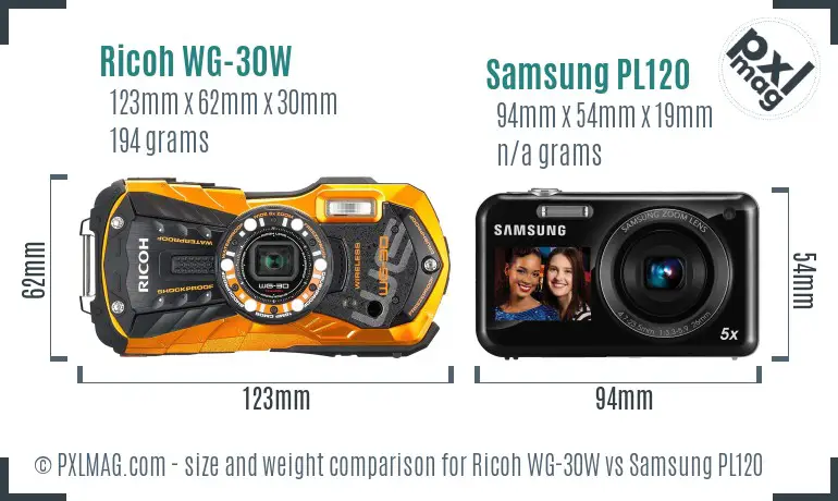 Ricoh WG-30W vs Samsung PL120 size comparison