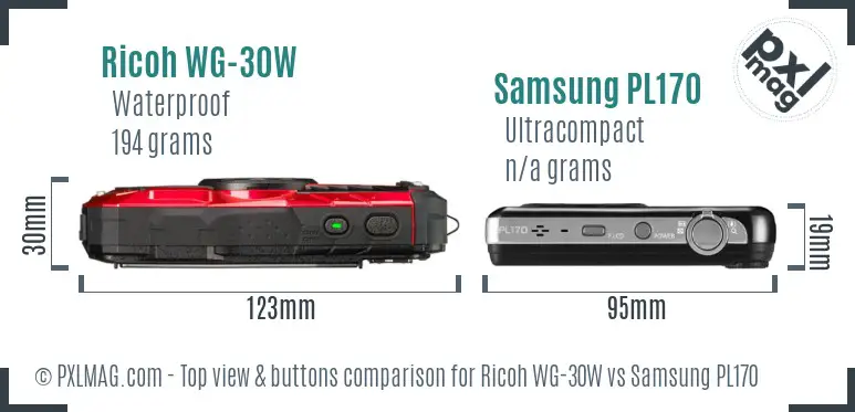 Ricoh WG-30W vs Samsung PL170 top view buttons comparison Ricoh WG-30W vs Samsung PL170 top view buttons comparison