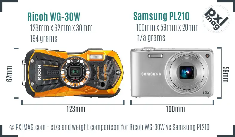 Ricoh WG-30W vs Samsung PL210 size comparison