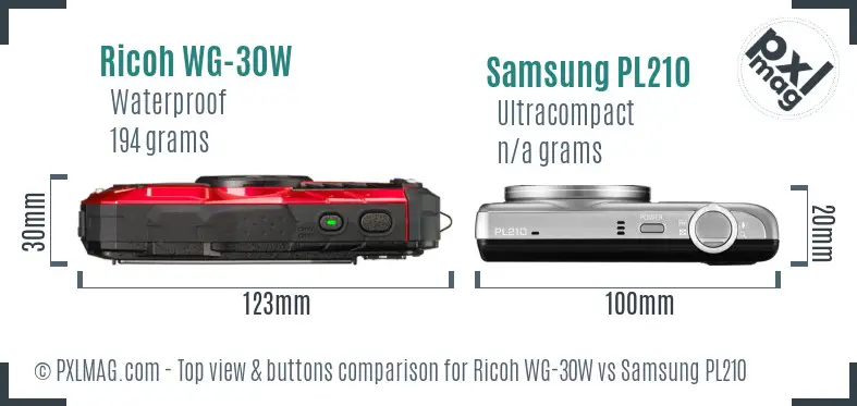 Ricoh WG-30W vs Samsung PL210 top view buttons comparison