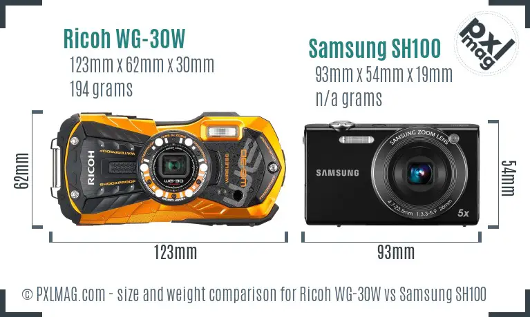 Ricoh WG-30W vs Samsung SH100 size comparison