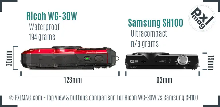 Ricoh WG-30W vs Samsung SH100 top view buttons comparison