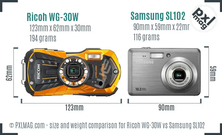 Ricoh WG-30W vs Samsung SL102 size comparison