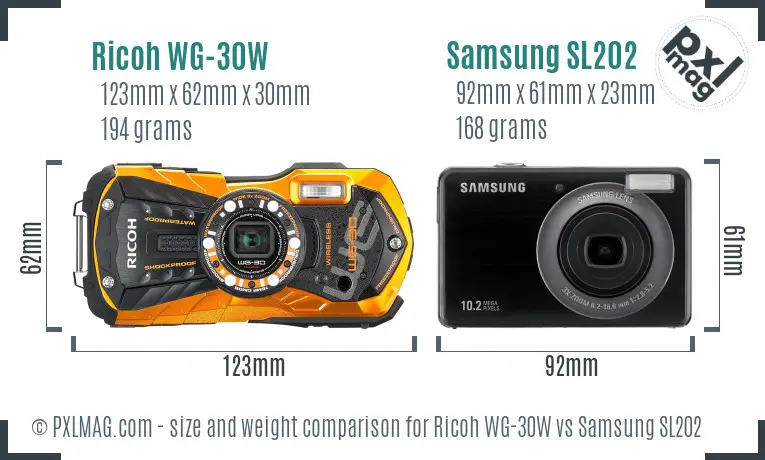 Ricoh WG-30W vs Samsung SL202 size comparison