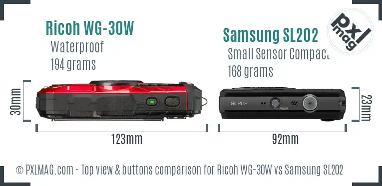 Ricoh WG-30W vs Samsung SL202 top view buttons comparison