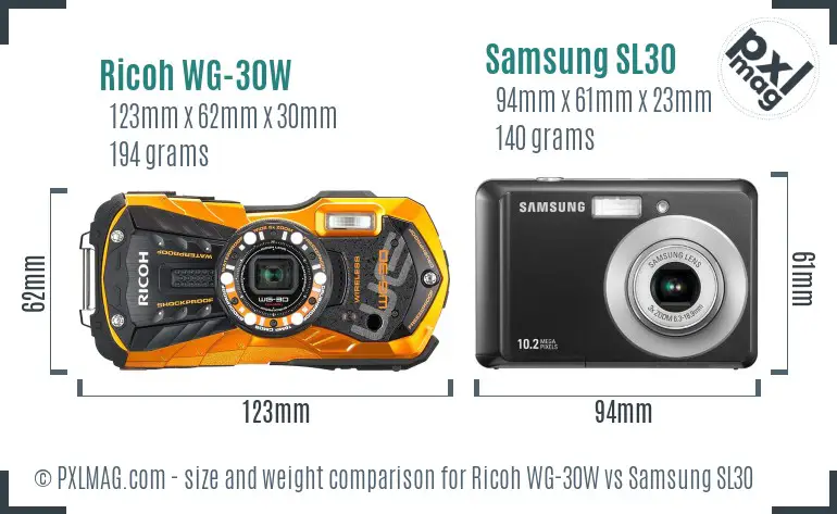 Ricoh WG-30W vs Samsung SL30 size comparison