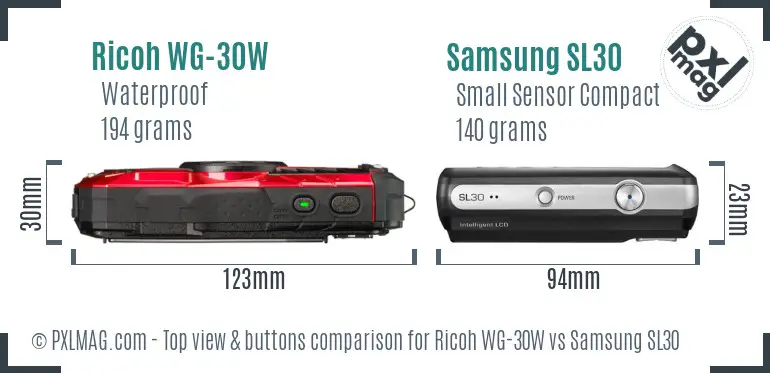 Ricoh WG-30W vs Samsung SL30 top view buttons comparison