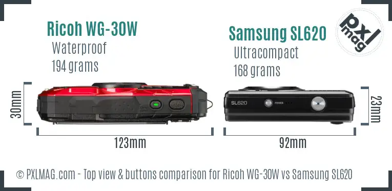 Ricoh WG-30W vs Samsung SL620 top view buttons comparison