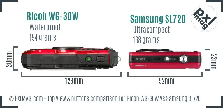 Ricoh WG-30W vs Samsung SL720 top view buttons comparison