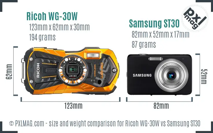 Ricoh WG-30W vs Samsung ST30 size comparison