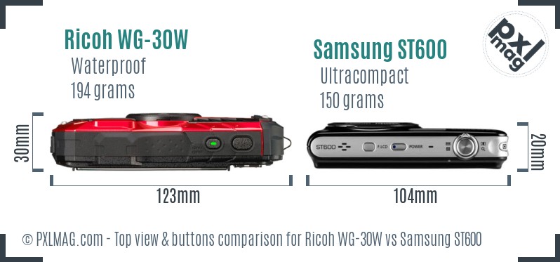 Ricoh WG-30W vs Samsung ST600 top view buttons comparison