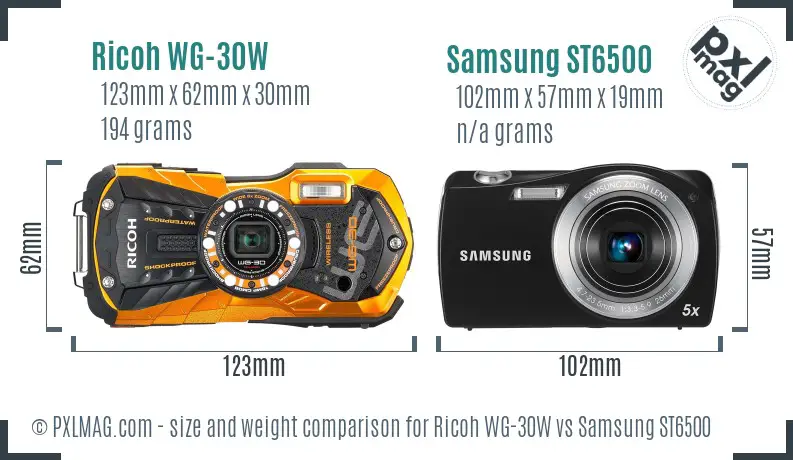Ricoh WG-30W vs Samsung ST6500 size comparison