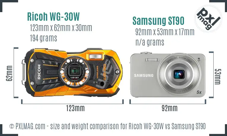 Ricoh WG-30W vs Samsung ST90 size comparison