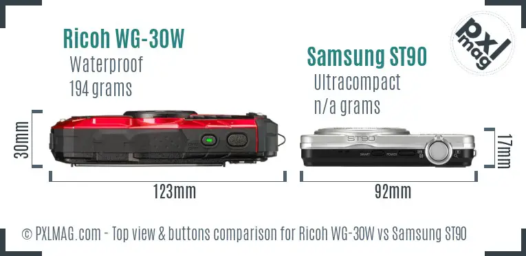 Ricoh WG-30W vs Samsung ST90 top view buttons comparison