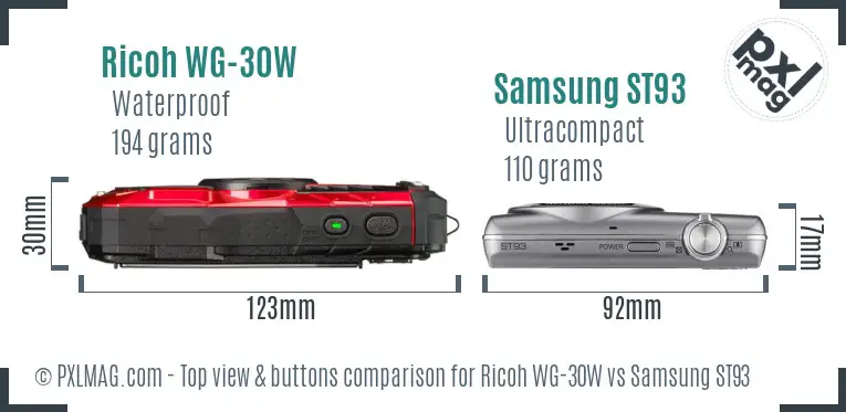 Ricoh WG-30W vs Samsung ST93 top view buttons comparison