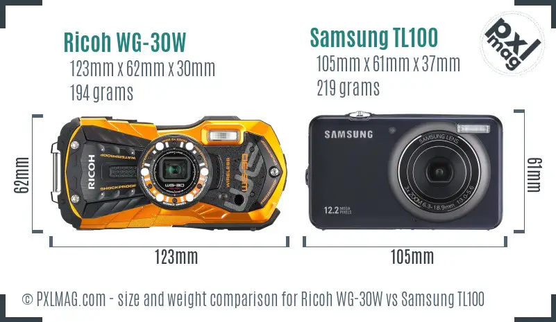 Ricoh WG-30W vs Samsung TL100 size comparison