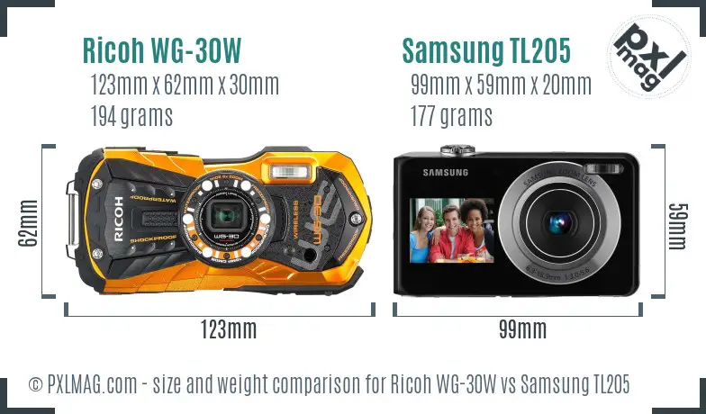 Ricoh WG-30W vs Samsung TL205 size comparison