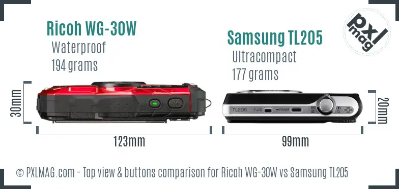 Ricoh WG-30W vs Samsung TL205 top view buttons comparison