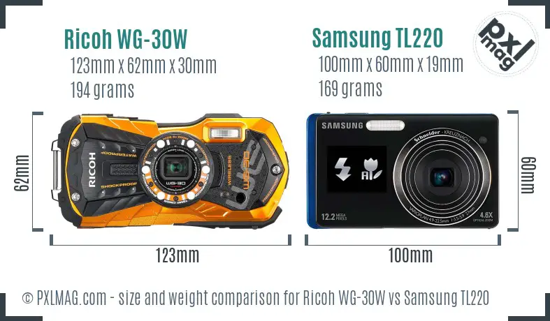 Ricoh WG-30W vs Samsung TL220 size comparison