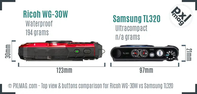 Ricoh WG-30W vs Samsung TL320 top view buttons comparison
