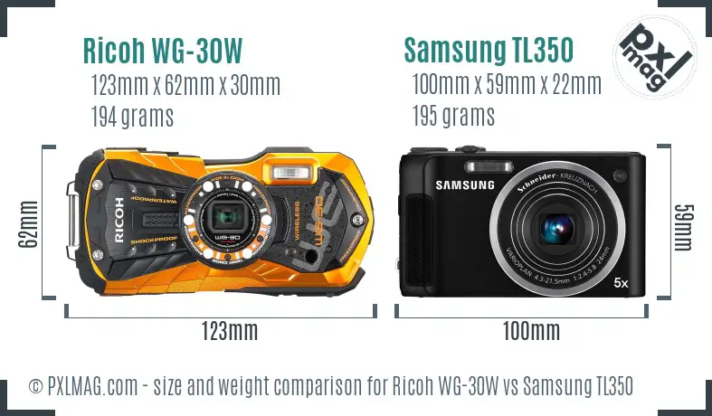 Ricoh WG-30W vs Samsung TL350 size comparison