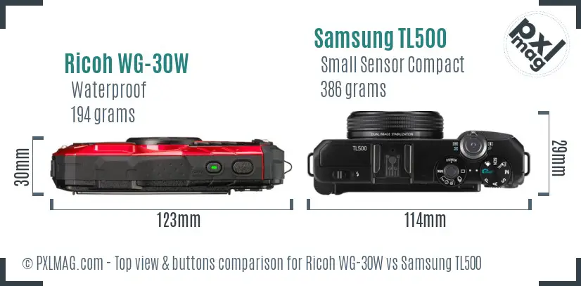 Ricoh WG-30W vs Samsung TL500 top view buttons comparison Ricoh WG-30W vs Samsung TL500 top view buttons comparison