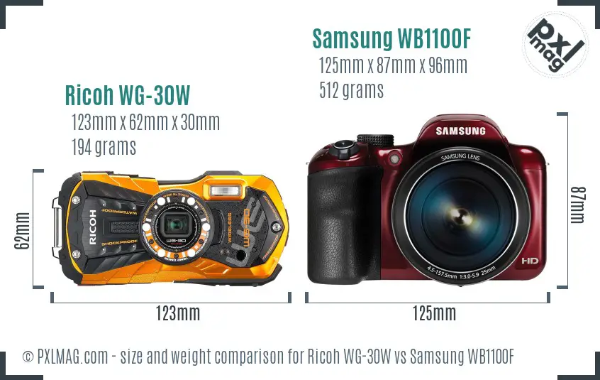 Ricoh WG-30W vs Samsung WB1100F size comparison