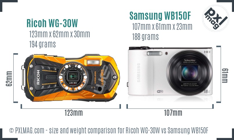 Ricoh WG-30W vs Samsung WB150F size comparison