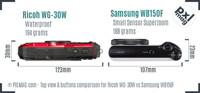 Ricoh WG-30W vs Samsung WB150F top view buttons comparison