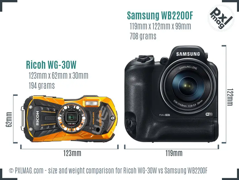 Ricoh WG-30W vs Samsung WB2200F size comparison