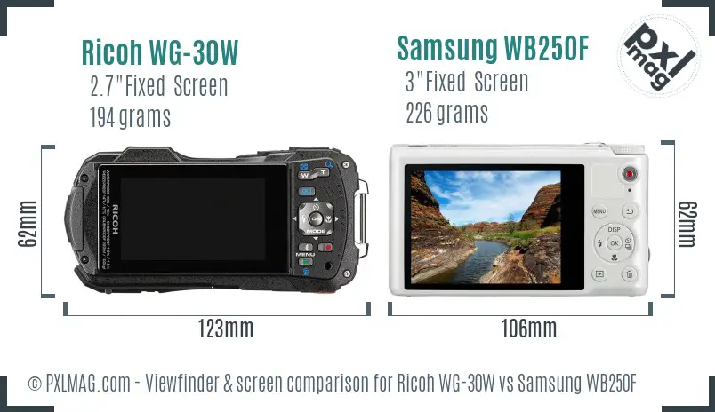 Ricoh WG-30W vs Samsung WB250F Screen and Viewfinder comparison